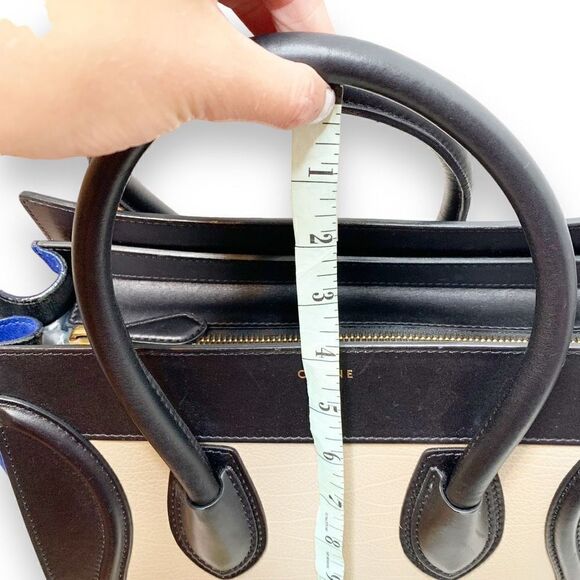 CELINE Tri-Color, Tan Calfskin Leather, Blue Suede, Black Trim Luggage Tote Bag - Picture 11 of 17